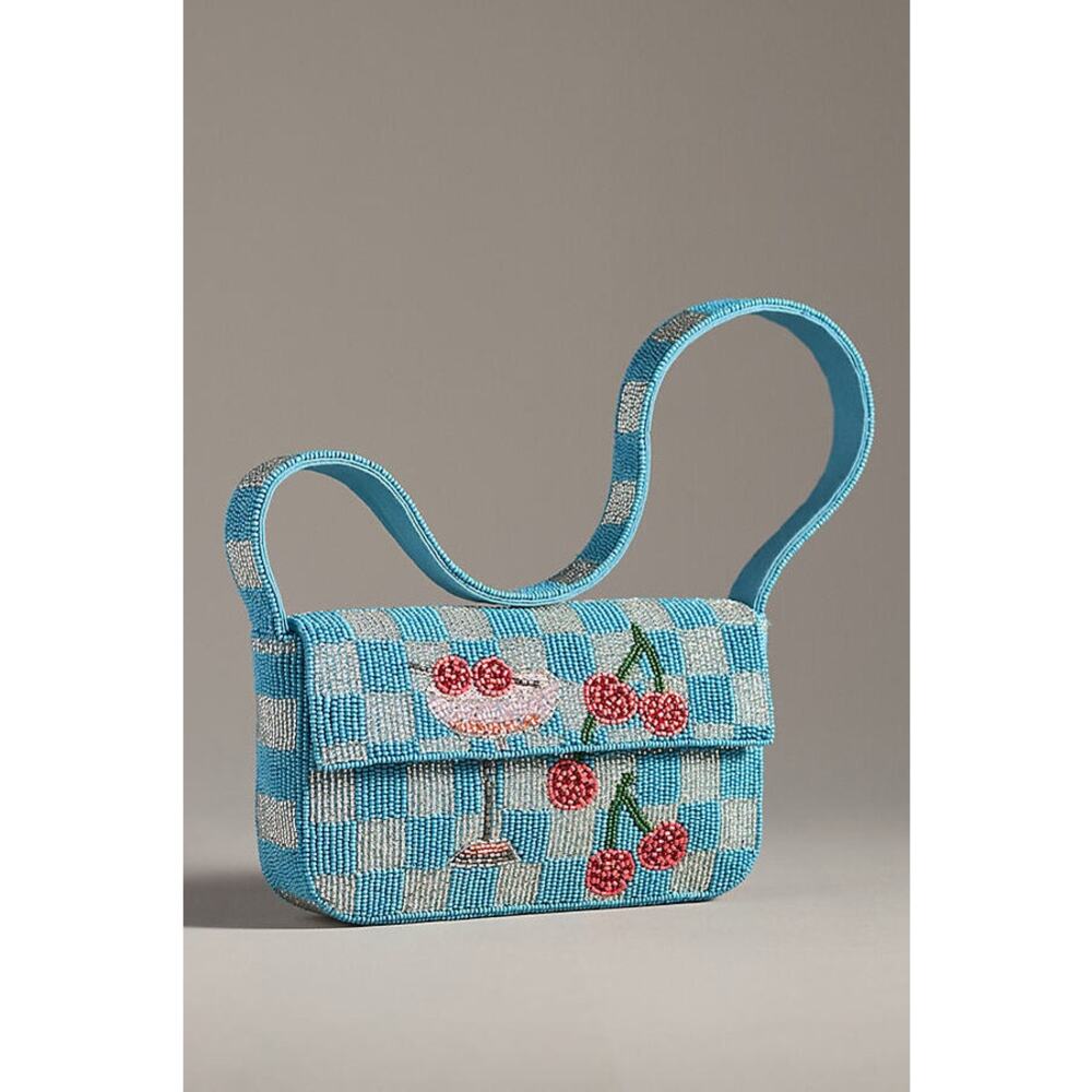 nwt ANTHROPOLOGIE The Fiona Beaded Bag: Food and Drink Edition blue check